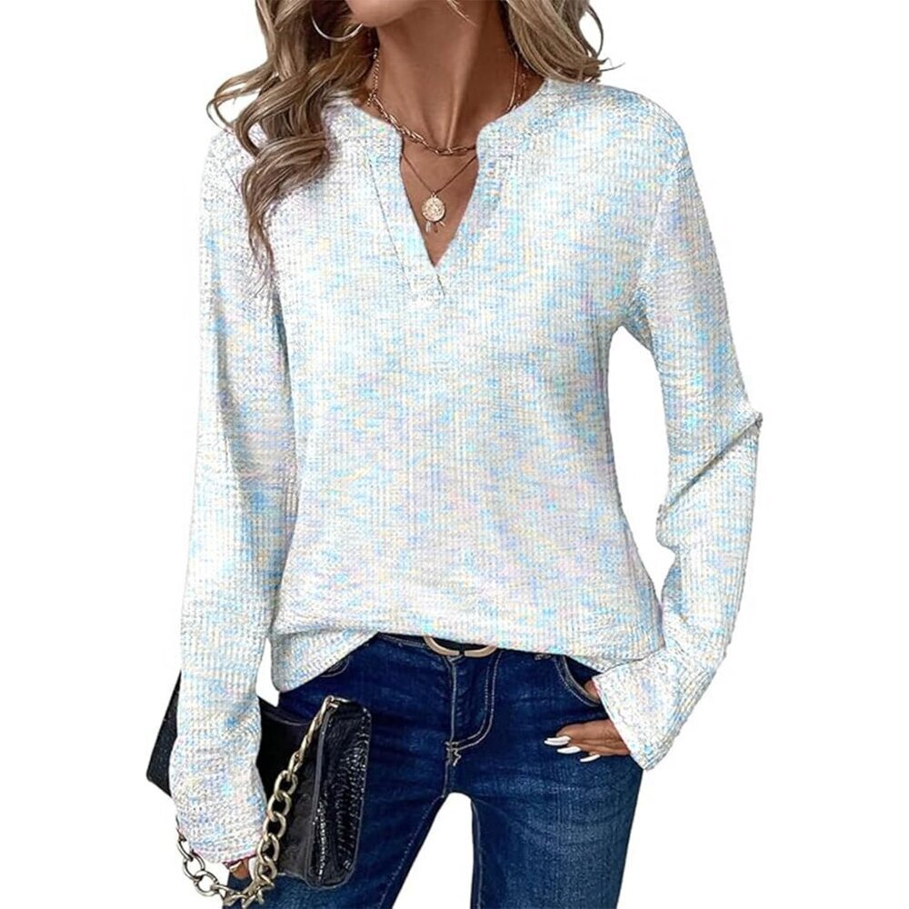 Waffle Knit Top Womens V Neck Long Sleeve Casual Work Fall Clothes